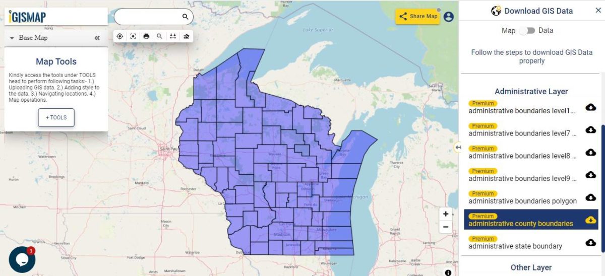 Download Wisconsin State GIS Maps Boundary, Counties, Rail, highway